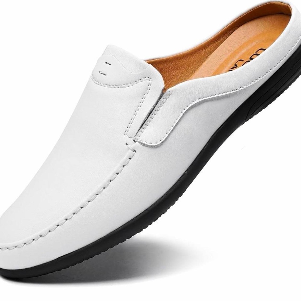 Luodeng Lang Mens White Leather Slip On Loafers Handmade Mules Shoes Size 9.5